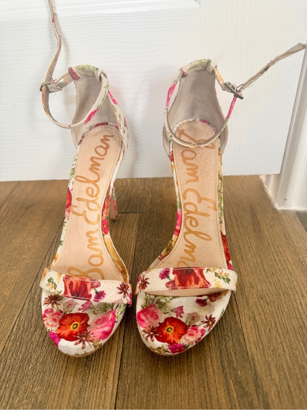 Sam Edelman Floral Ankle-Strap Heels in Pink and Red